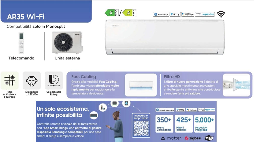 SAMSUNG CONDIZIONATORE 9000BTU AR40 WIFI A++/A+ R32 F-AR09ARH IT