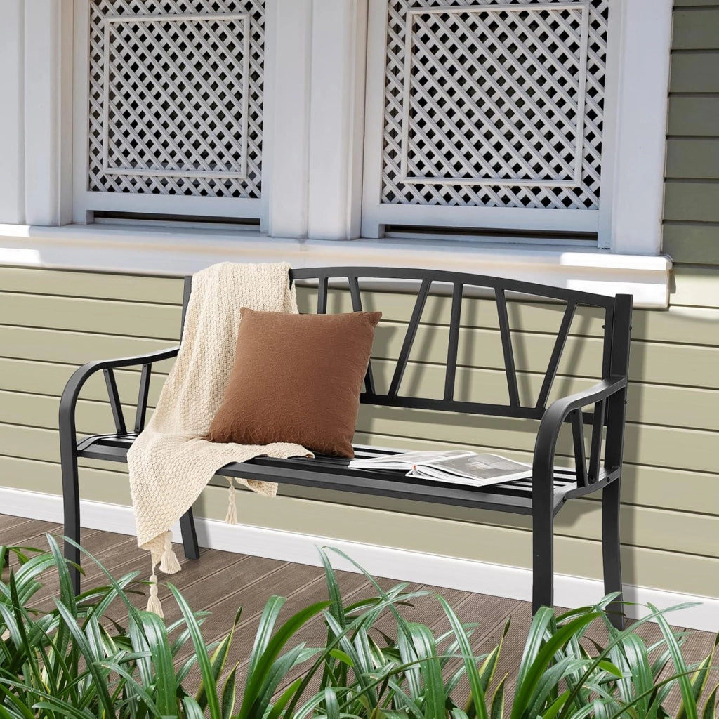 Panca da giardino, a 2 posti, con schienale e braccioli, in metallo, portata fino a 300 kg, per balcone, giardino, terrazza, colore nero (modello 1, 128 x 55,5 x 86 cm)