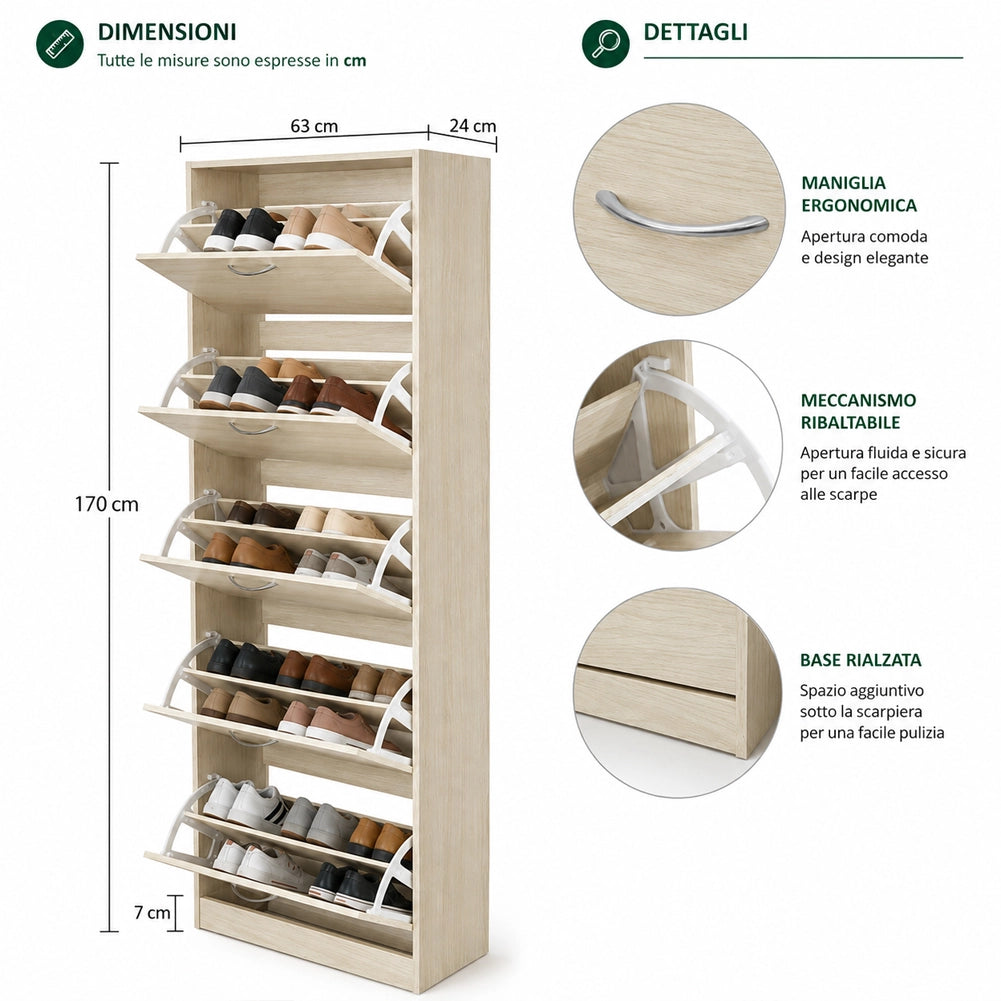 Scarpiera 5 Ripiani Olmo con Maniglia Porta Scarpe Salvaspazio 63x24x170 cm