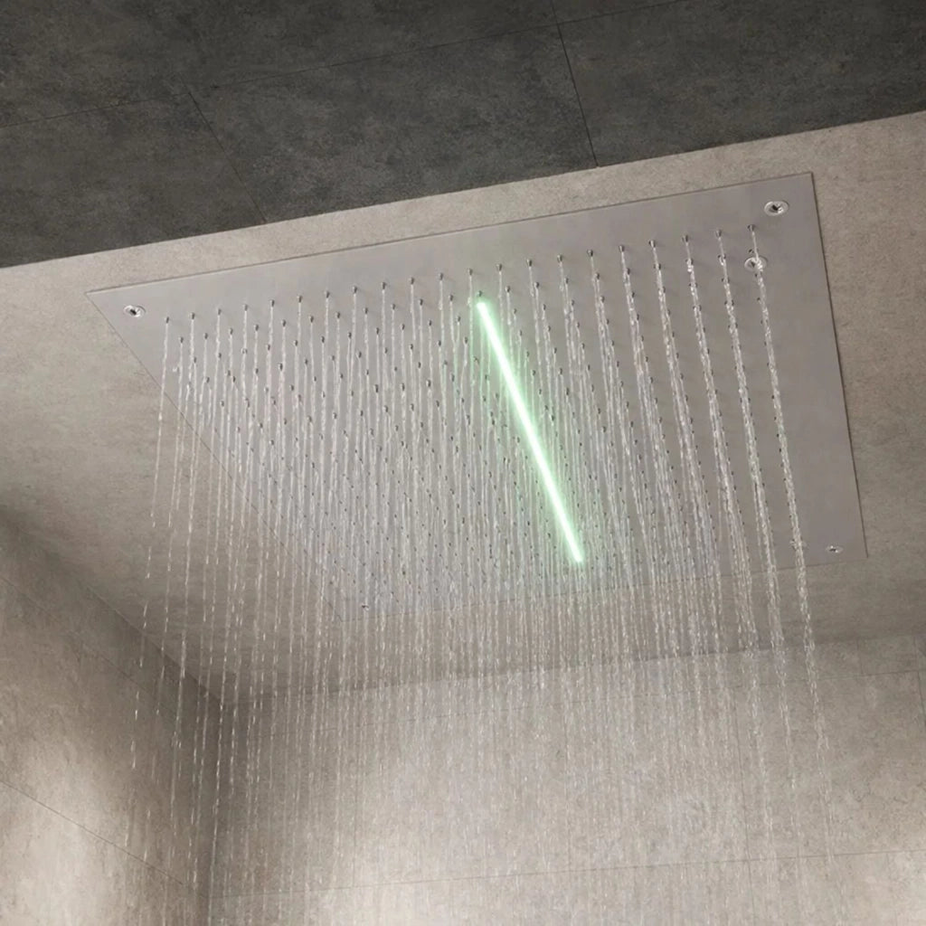 Soffione doccia led a soffitto installazione da incasso con cascata acciaio inox quadro
