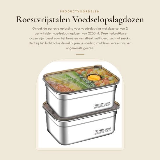 Contenitore per alimenti in acciaio inossidabile - 2200 ml - arioso - impermeabile - riutilizzabile - per frigorifero/ congelatore - stivabile - antibatterico