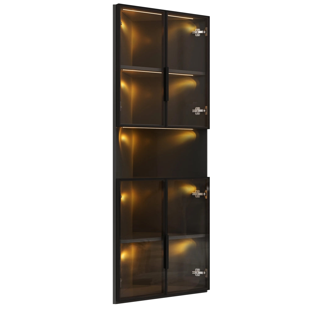 Vetrina ad angolo triangolare 62x32x160 cm nera con frontali in vetro, LED caldo e vano centrale aperto