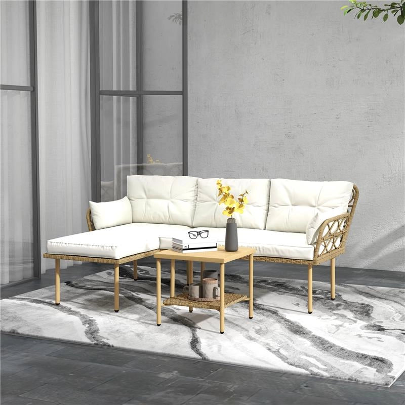 SET DA GIARDINO 3PZ CON CHAISE LONGUE, DIVANETTO, CUSCINI E TAVOLINO, IN RATTAN E ACCIAIO, BIANCO CREMA E LEGNO