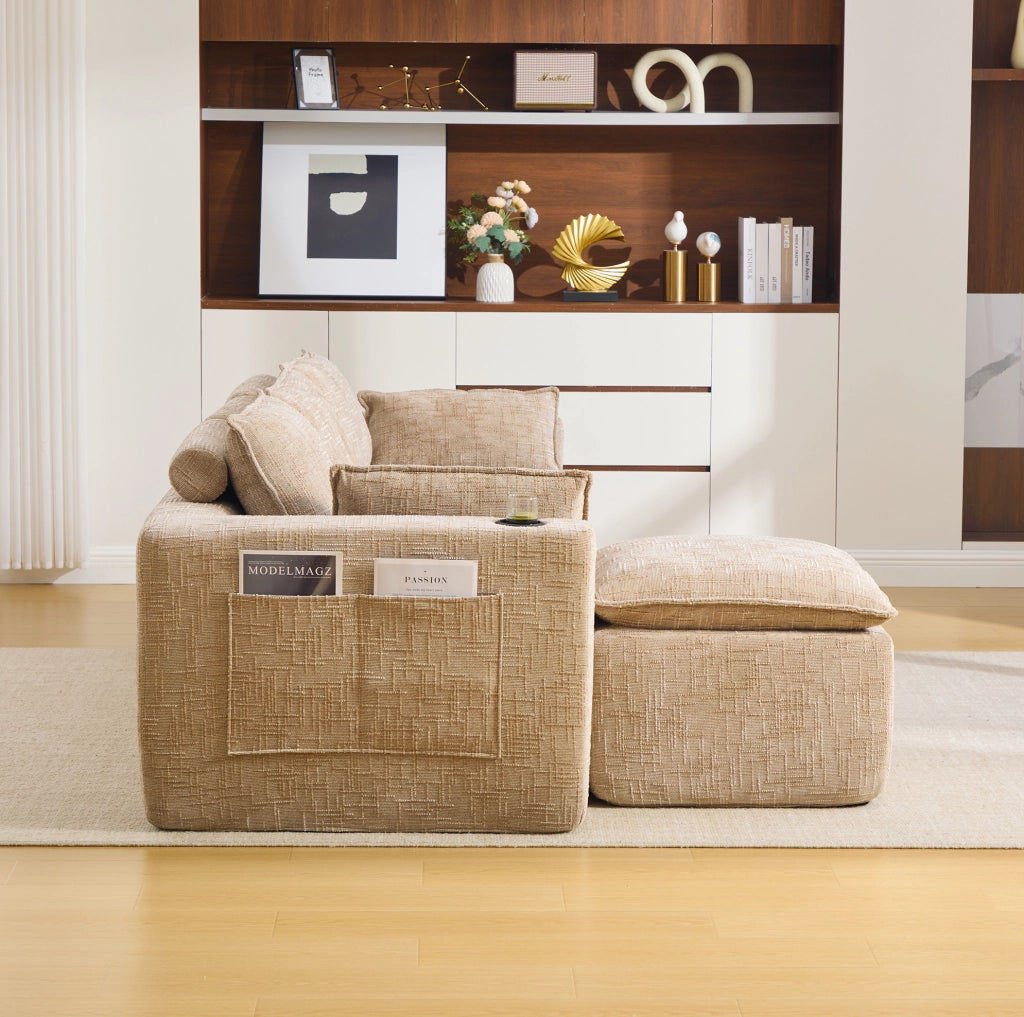 Divano modulare con pouf; cuscini e tasche laterali; chenille khaki; 256x161x75 cm