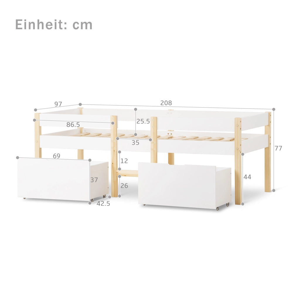 Letto a Soppalco 1 Posto con 2 Cassetti e Barriera 90×200 cm; senza Materasso; in Legno Massello; Bianco