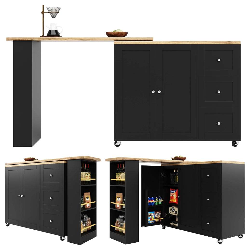 Carrello da Cucina con 3 Cassetti; 2 Ante e 3 Ripiani; Girevole a 360° con Ruote; Nero