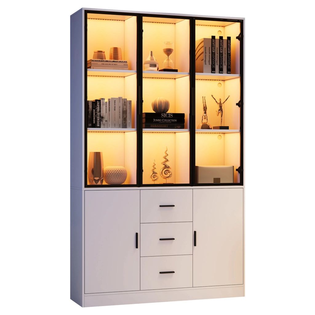 Vetrina alta con LED RGB, 5 ante, 3 cassetti, 13 scomparti, 120x30x200 cm, bianco