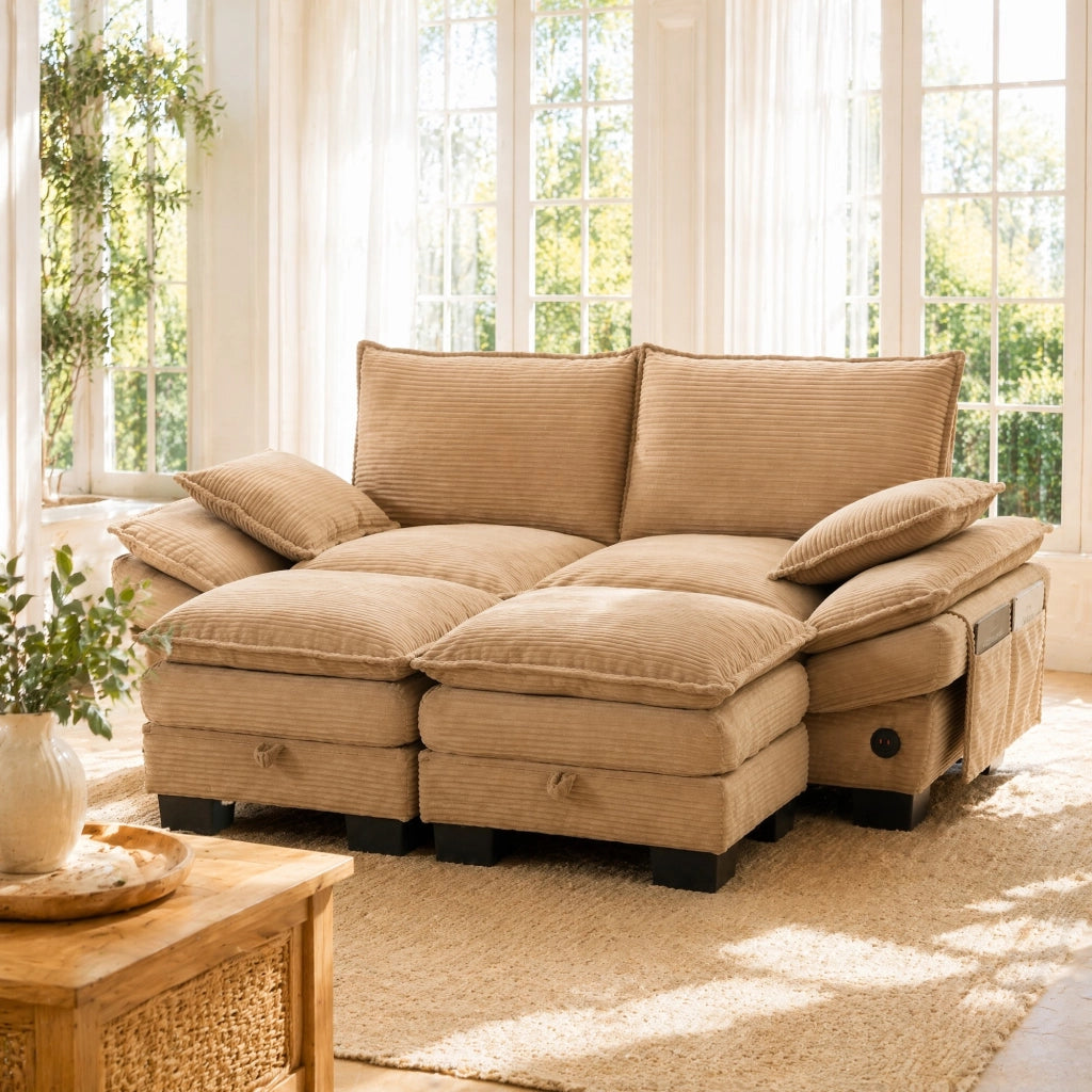 DIVANO MODULARE 2 POSTI CON 2 HOCKER 190x132x84 cm CORDUROY KHAKI