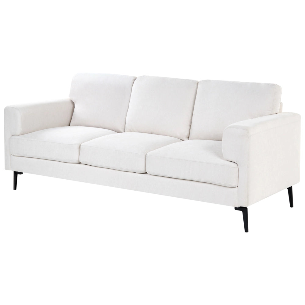 Divano minimalista moderno di metà secolo in tessuto a 3 posti con gambe in metallo rivestite e braccioli beige chiaro
