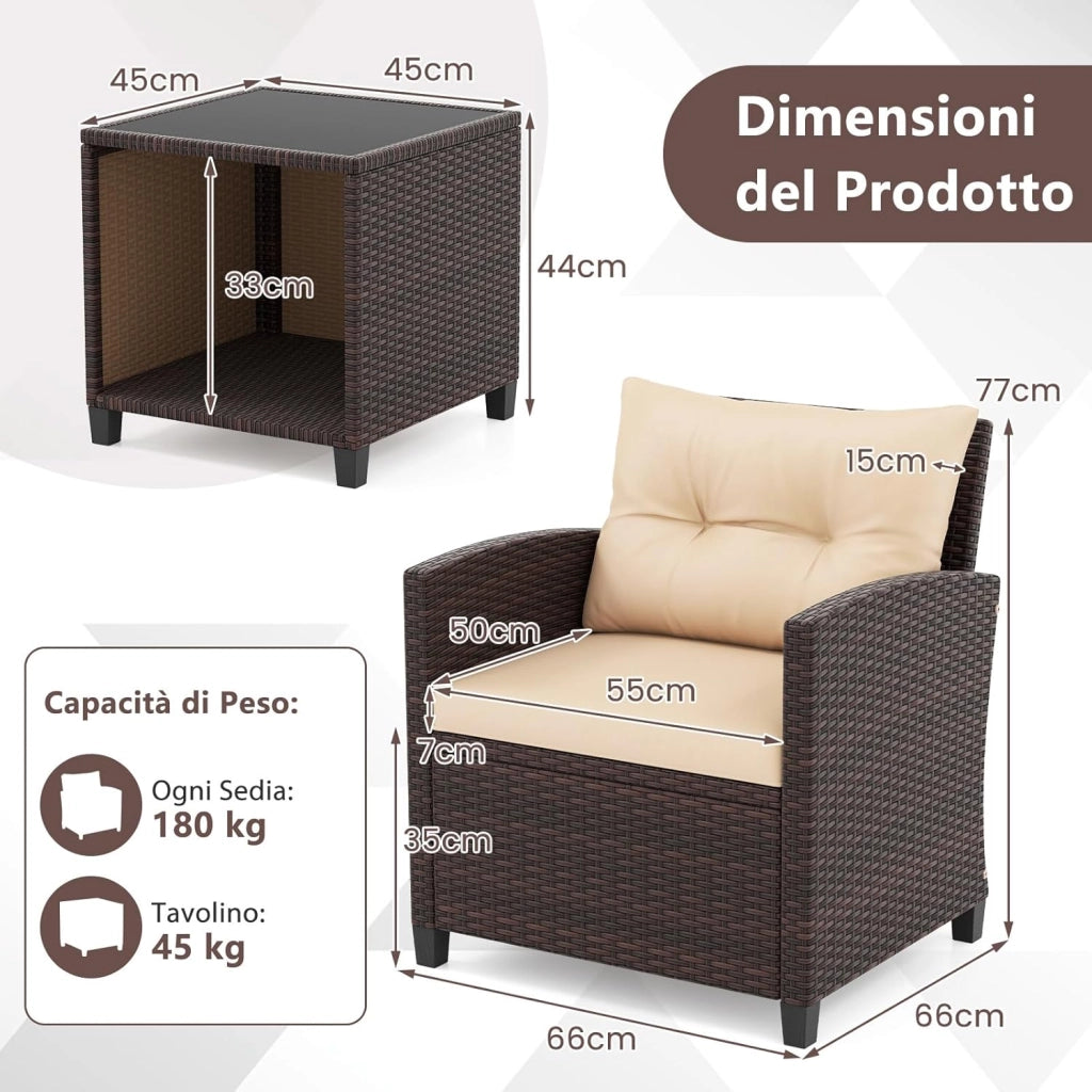 Set Salotto da Giardino da 3 Pezzi, con 2 Sedie e Tavolo da Caffè in Vetro, Divanetto in Rattan con Cuscini per Seduta e Schienale, Set da Conversazione per Cortile e Patio