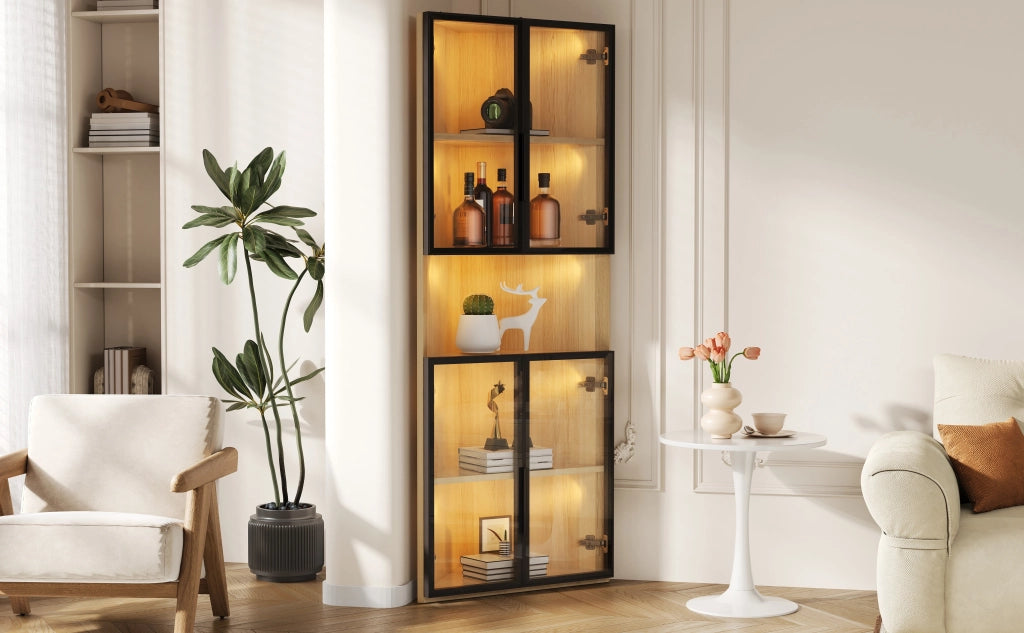 Vetrina angolare con LED, 1 anta e ripiani in MDF effetto rovere, per soggiorno e ufficio, 62 × 32 × 160 cm