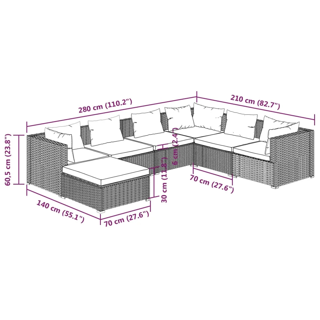 Set Divani da Giardino 7 pz con Cuscini in Polyrattan Grigio cod mxl 53206