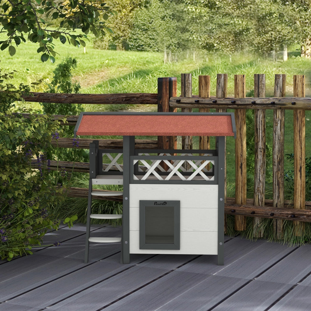 Casetta per Gatti da Esterno con Terrazza e Scaletta in Legno, 77x50x73cm, Bianco e Grigio
