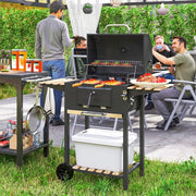 BARBECUE a carbone in acciaio nero con coperchio, termometro e ripiani laterali