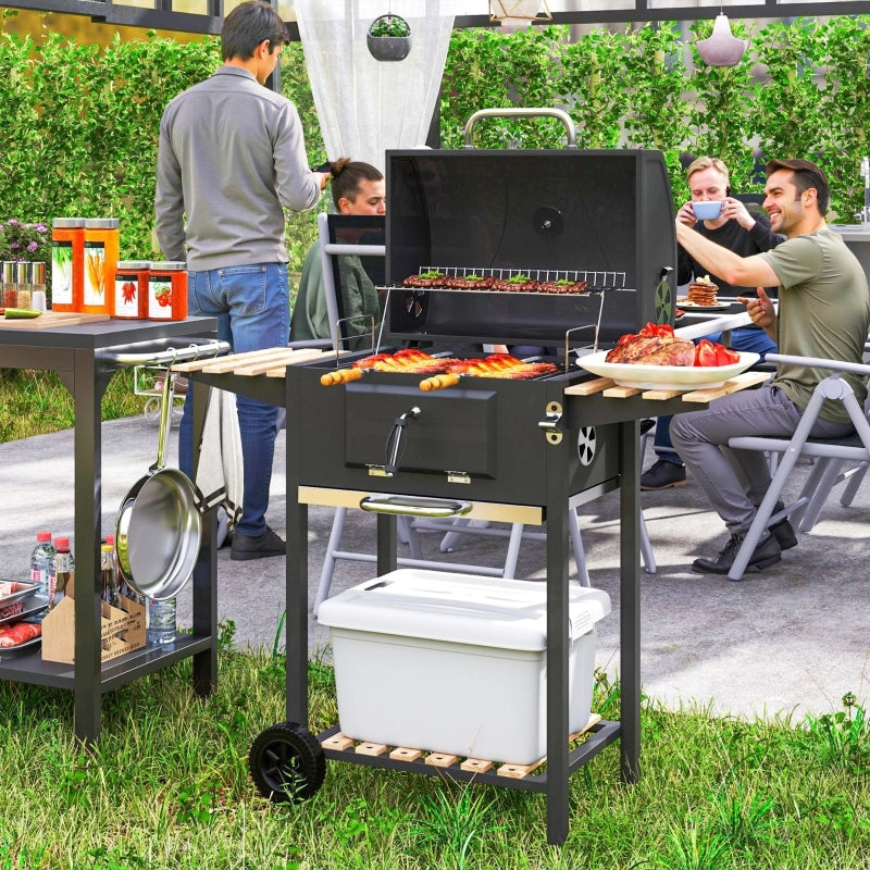 BARBECUE a carbone in acciaio nero con coperchio, termometro e ripiani laterali