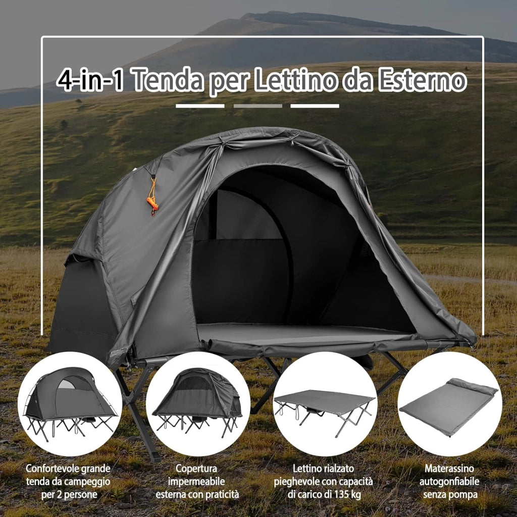 4 in 1 Tenda da Campeggio Rialzata per 2 Persone, Letto Brandina da Campeggio Pieghevole con Materasso Gonfiabile Automatico, Tenda a Doppio Strato Impermeabile e Antivento con Borsa