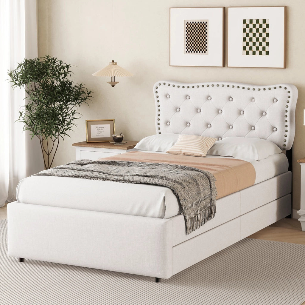 Letto imbottito 90x200 cm con 2 cassetti; testiera regolabile; MDF e tessuto effetto lino; beige chiaro