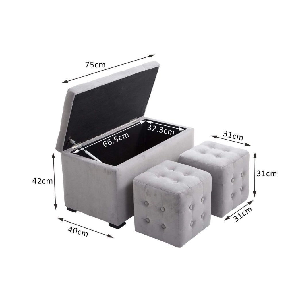 Panca Portaoggetti Set di 3 Pezzi con 2 Sgabelli Pouf in Velluto, Grigio Perla