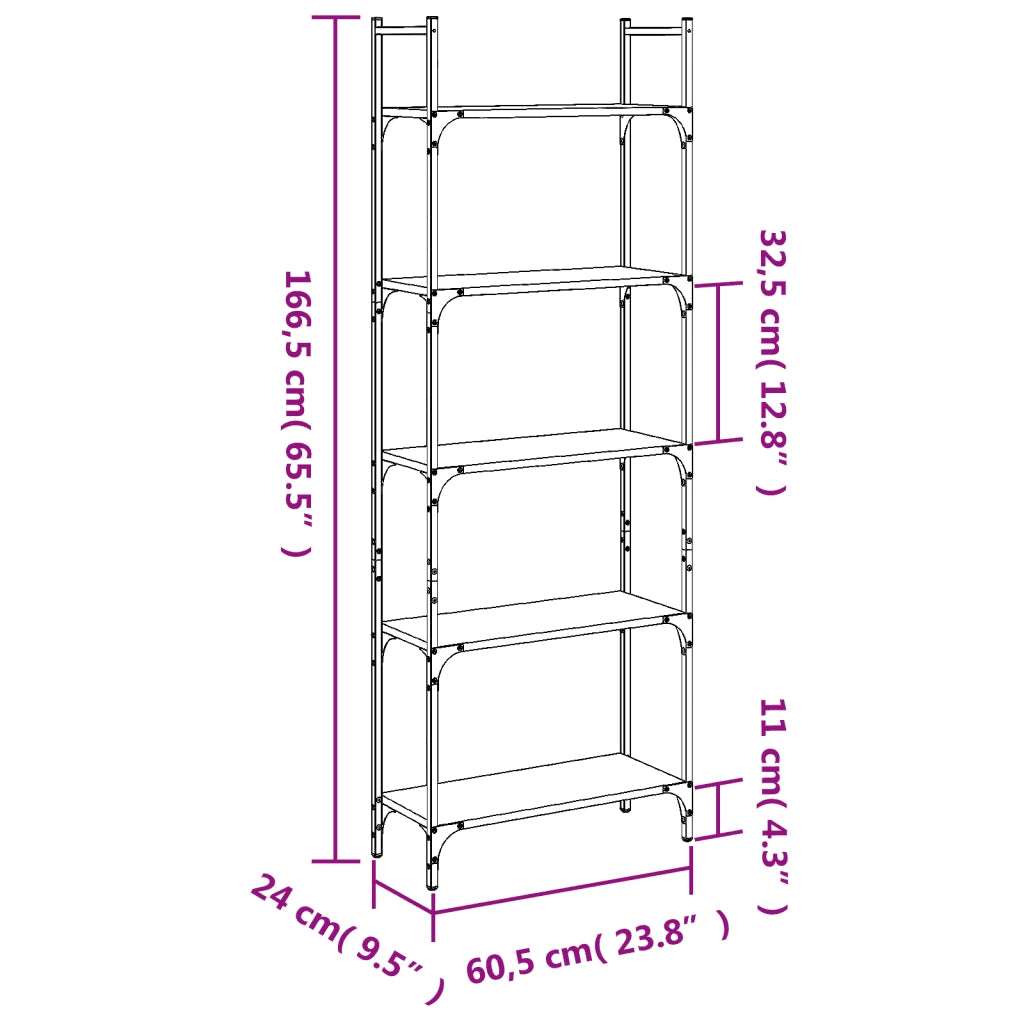 Libreria 5 Ripiani-Scaffale per Libri-Mobile di Stoccaggio Rovere Marrone 60,5x24x166,5 cm Multistrato