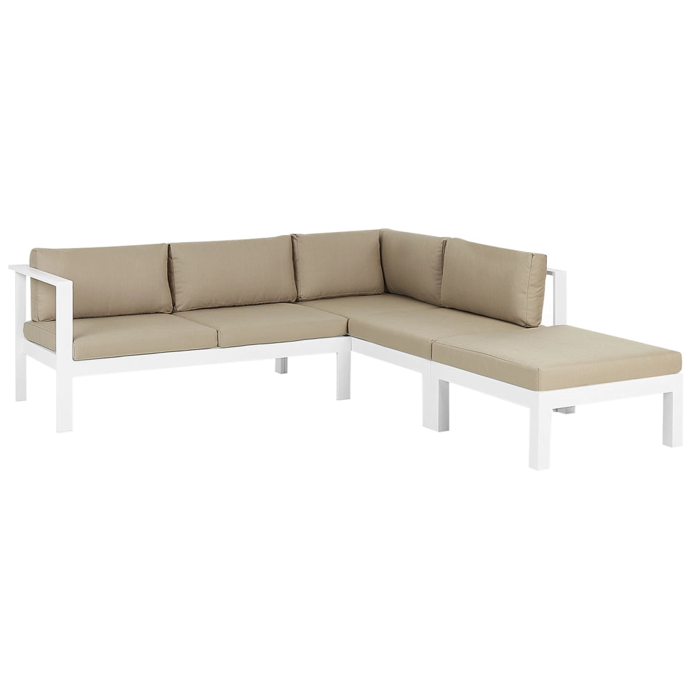 Set da giardino divano 5 posti e tavolo elevabile con struttura bianca e piano in vetro e cuscini beige stile moderno scandinavo