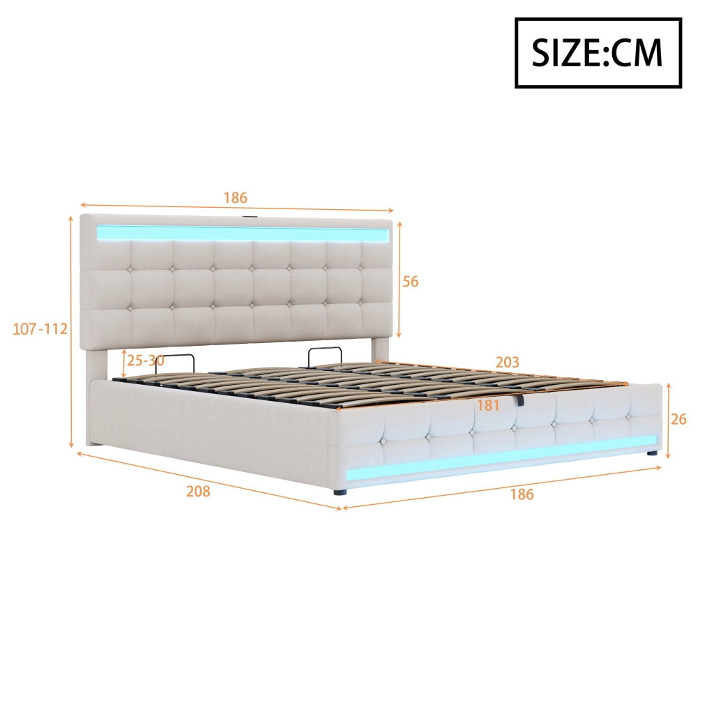 OKWISH Letto Imbottito 180×200 cm, Letto Matrimoniale con LED RGB Regolabile, USB e Testiera Regolabile, senza Materasso, Beige