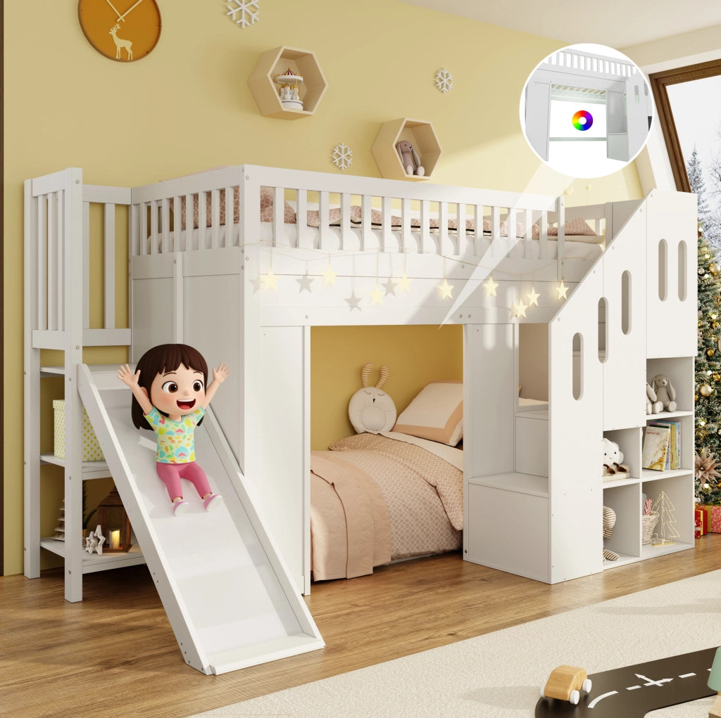 Letto a soppalco per bambini 90x200 cm con scivolo; scala contenitore e LED; in pino bianco