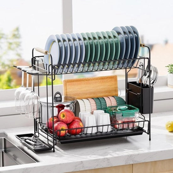 Droga per asciugatura 2 livelli a disassemblaggio piastra di asciugatura accessori supporto bicchieri supporto bicchieri in vetro maniglia in legno per piccole cucine per famiglie 2-3 persone