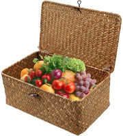 Cestino di stoccaggio rettangolare con coperchio - 23 x 13 x 8 cm - 100% paglia di zizania - Cestino per bagno/cucina