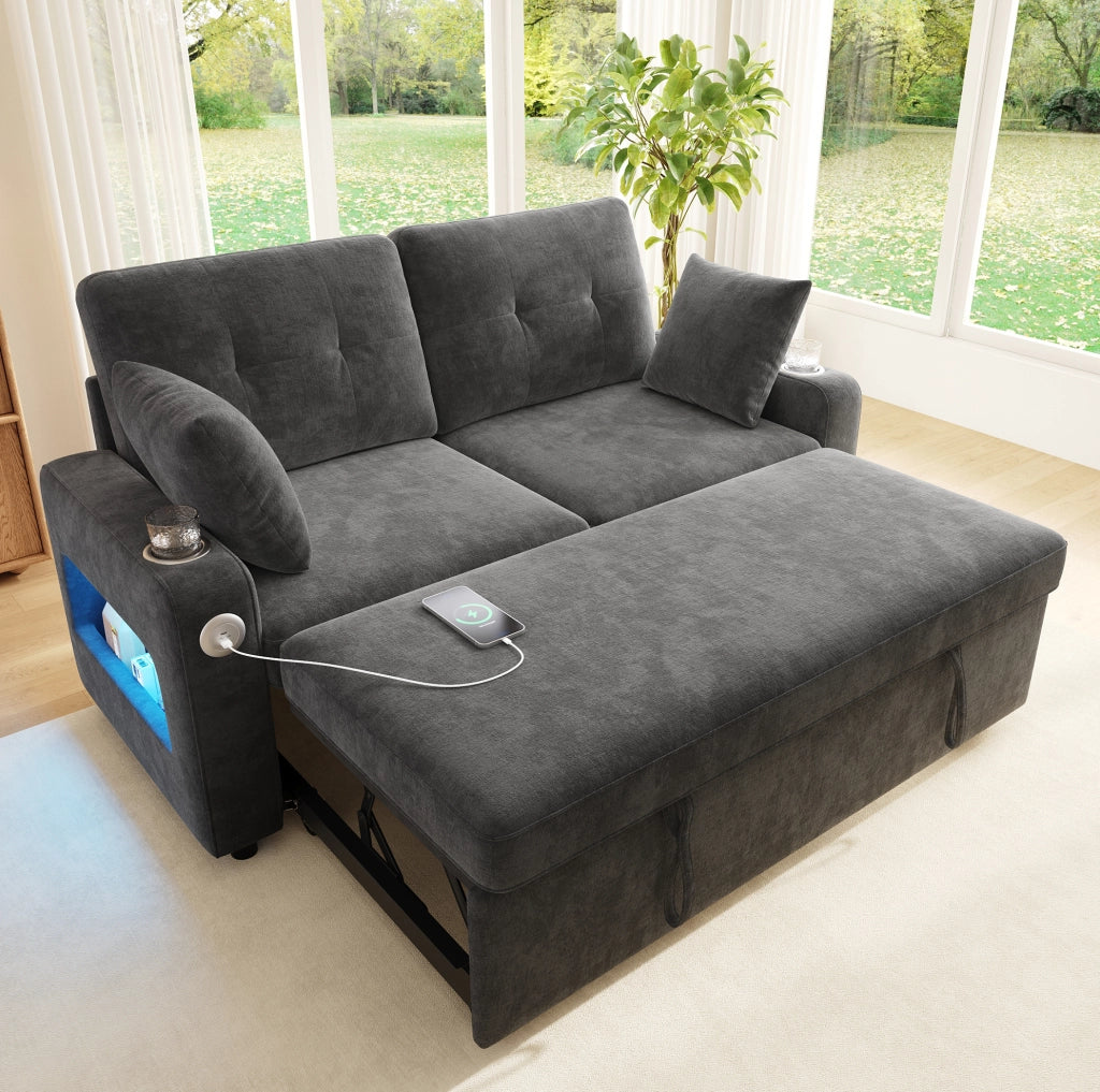 Divano letto estraibile 2 posti con LED; USB e Type-C; portabevande; ciniglia grigio