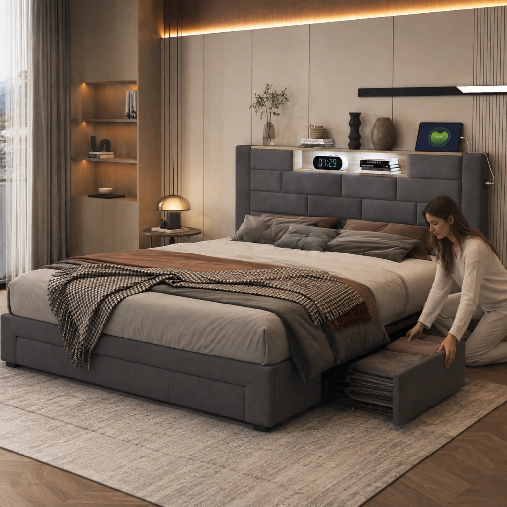 Letto matrimoniale 140x200 cm velluto grigio, testiera con vano portaoggetti, porte USB, luci RGB‑LED controllabili da app e telecomando, 3 cassetti contenitore