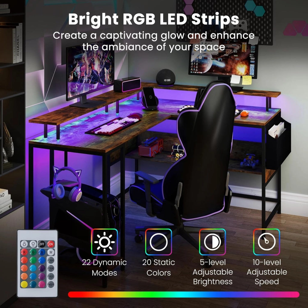 Scrivania Angolare a L in Forma di L con Illuminazione LED, Supporto per Monitor, Gancio per Cuffie, Ripiano e Stazione di Ricarica (Marrone)