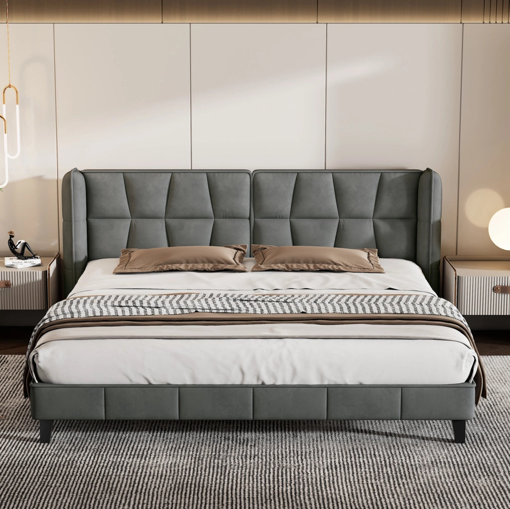 Letto imbottito matrimoniale 180x200 cm in velluto grigio con rete a doghe e testiera