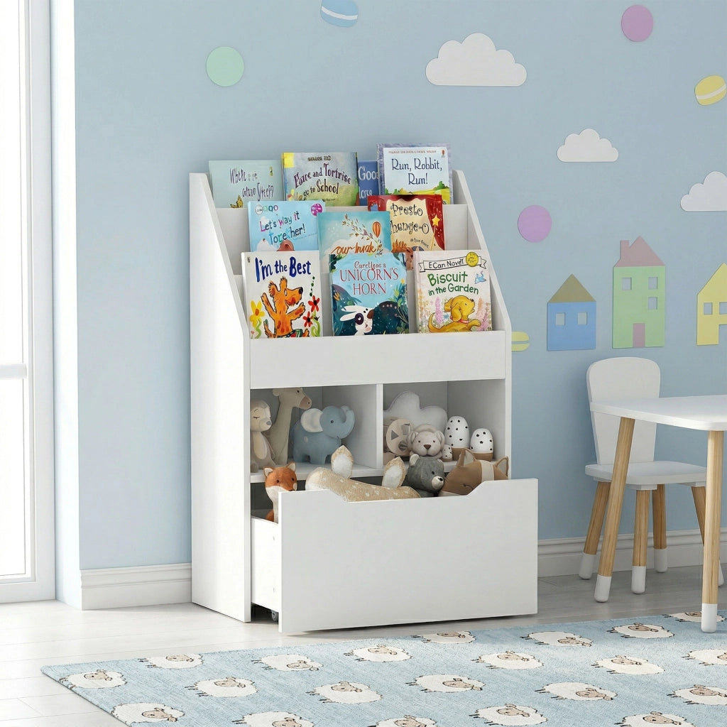 Piccola Libreria per Bambini con Ripiani e Cassetto in MDF. 60x29.9x90cm. Bianco