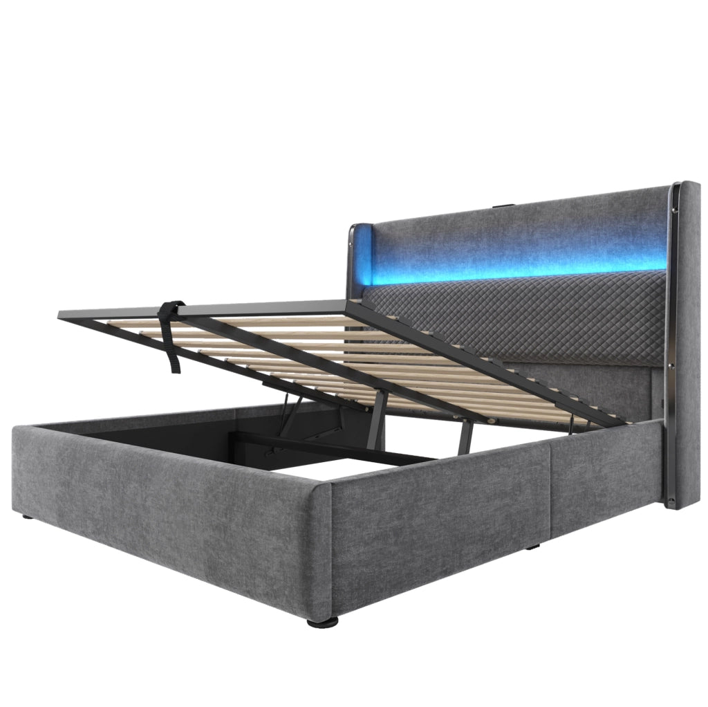 Letto matrimoniale 160x200 cm con testiera alta; LED; contenitore e porte USB Type-C; grigio