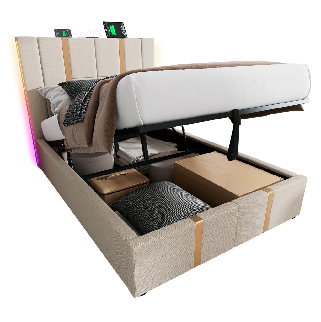 Letto imbottito 90x200 cm beige in lino con LED RGB; USB Type-C e contenitore