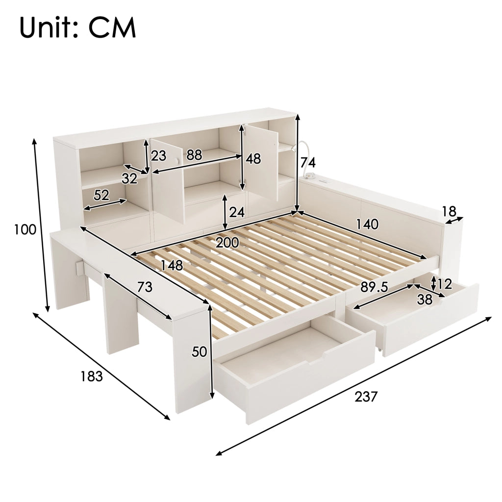 Letto contenitore 140 × 200 cm con 2 cassetti, USB e Type-C, luce da lettura, senza materasso, bianco