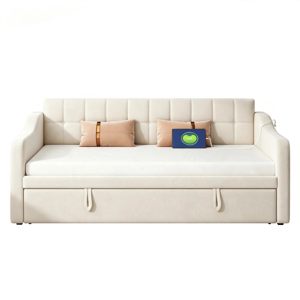 Letto divano estraibile singolo 90 × 190 cm con USB, tessuto velluto, senza materasso, beige per camera ospiti