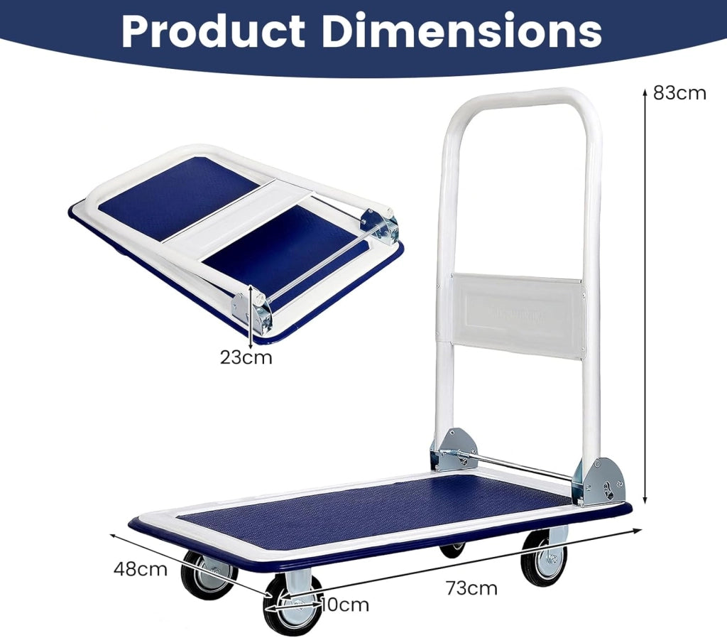 Carrello Pieghevole con Ruote, Carrello a Piattaforma da Transporto, Capacità 150 KG, con Piattaforma Antiscivolo, per Trasporto, Movimentazione, Demenagement, 73 X 48 X 83 CM (Blu+Bianco)