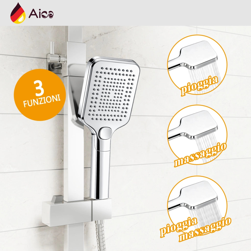 Colonna doccia quadrata completo di miscelatore termostatico rettangolo, soffione quadrato 30x30cm, cromo