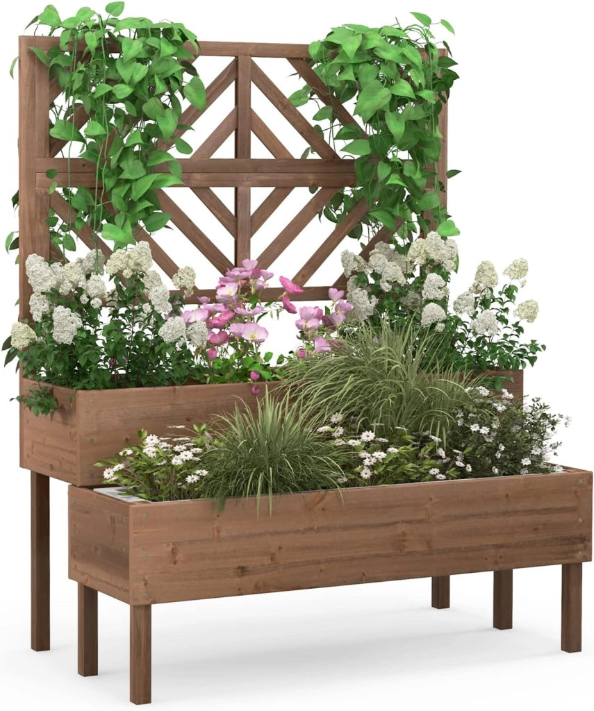 Fioriera da Giardino a 2 Livelli con Traliccio, Letto Rialzatto con Gambe in Legno, Foro di Drenaggio, Fioriera da Interno ed Esterno per Frutta, Verdura, Fiori ed Erbe Rampicanti (Marrone)