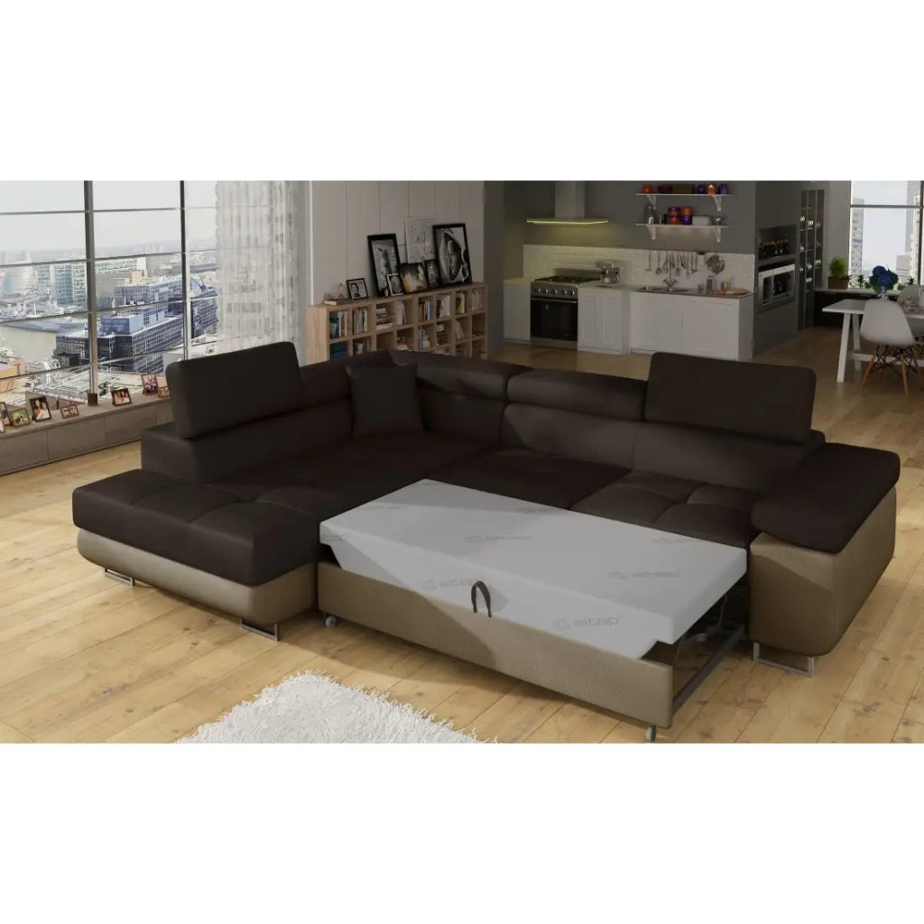 Divano angolare trasformabile MENTON beige e marrone bouclé - Angolo sinistro con contenitore