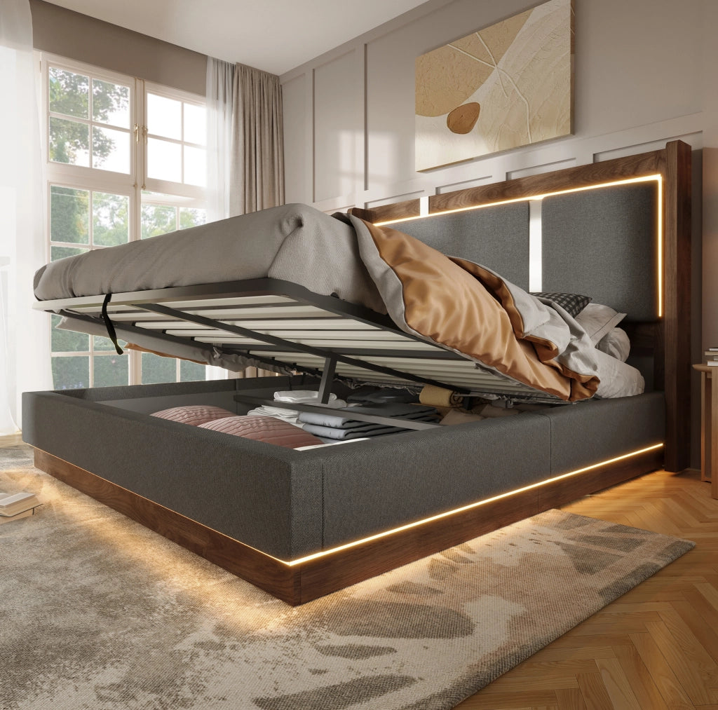 Letto 180x200 cm con contenitore idraulico e LED, in lino, legno e metallo grigio e noce