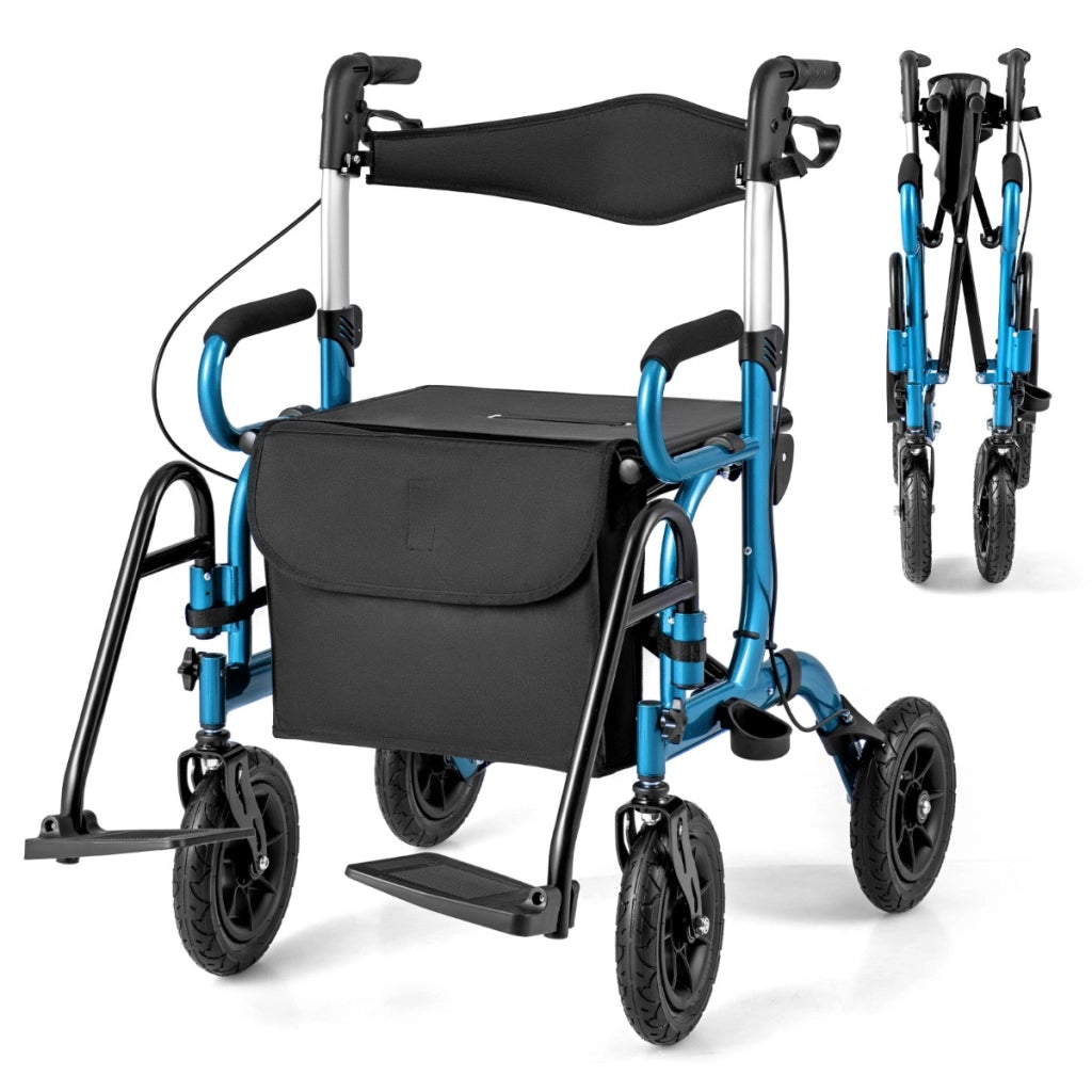 Deambulatore pieghevole per anziani con ruote 2 in 1, Deambulatore pieghevole 23 cm per tutti i terreni Blu Navy-Salute e bellezza