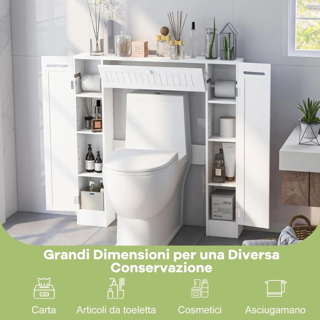 Mobile Sopra WC, Mobile per Bagno con Ripiani Regolabili Portarotolo per Carta Igienica e Anta Ribaltabile, Ideale per Bagno Lavanderia, 89x19,5x99 cm (Bianco)