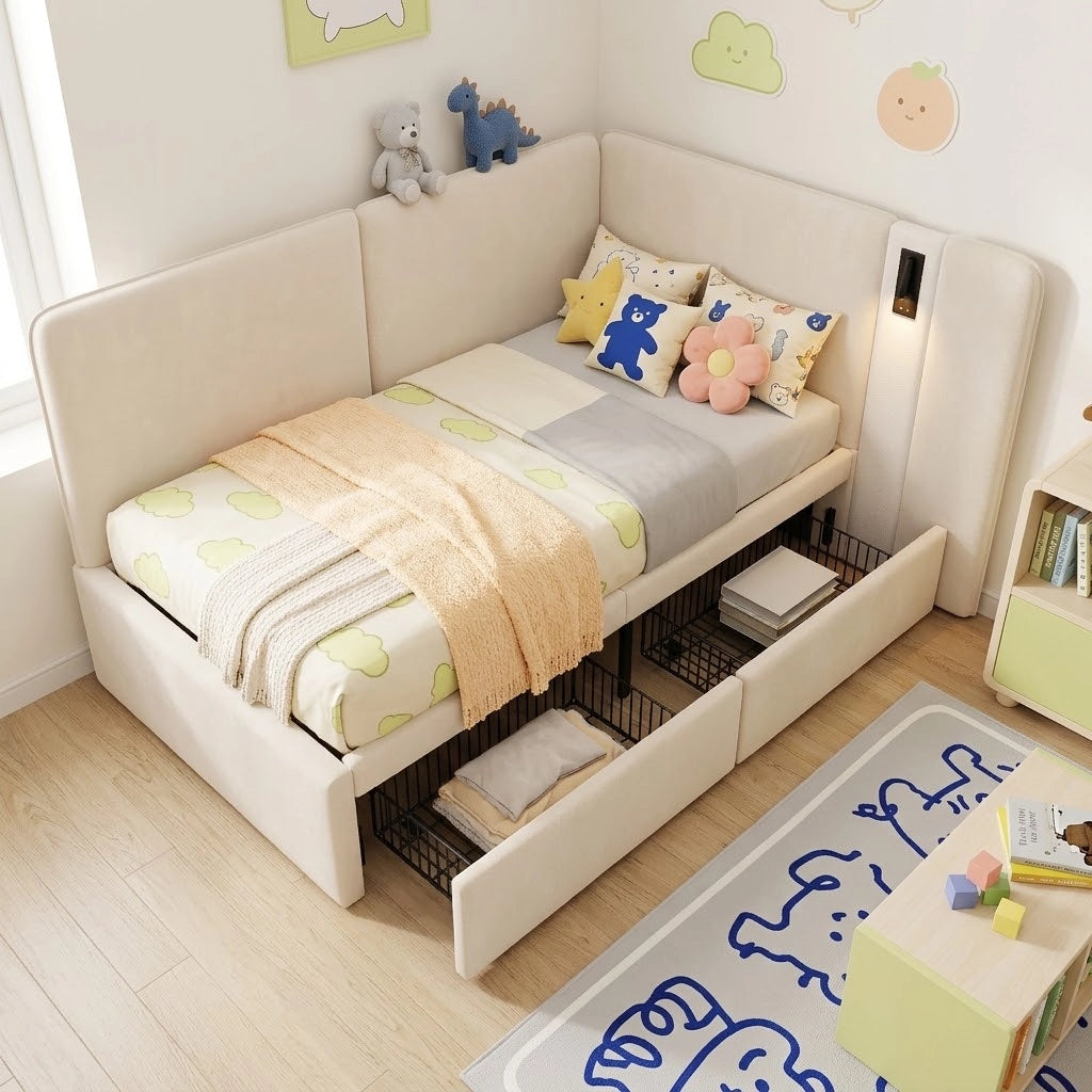 Letto giorno con cassettoni in velluto beige 90x200 cm