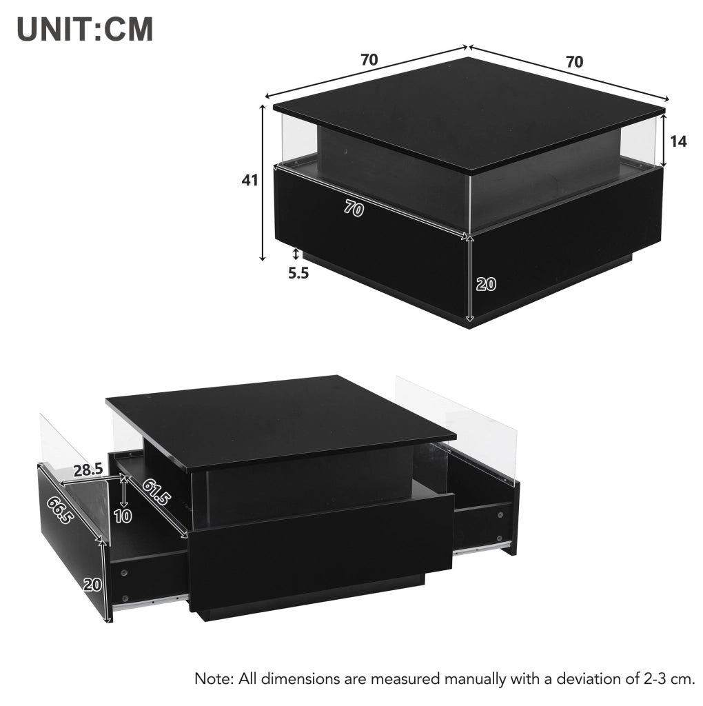 Tavolino da salotto moderno 70x70x41 cm nero in truciolare con LED; 2 cassetti e vano trasparente