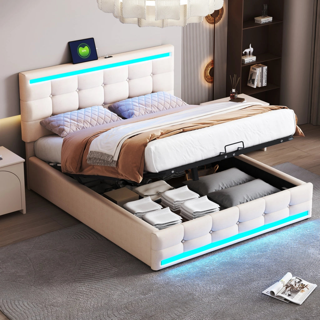 Letto matrimoniale imbottito LED 140 x 200 cm con contenitore e USB beige