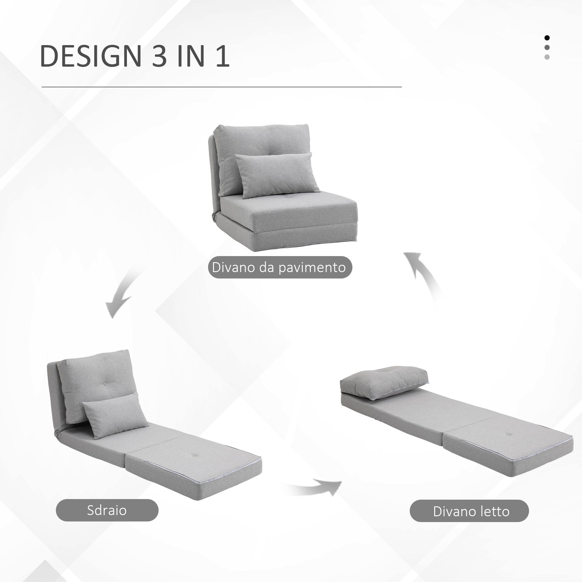 Poltrona Letto 3 in 1 Convertibile in Chaise Longue e Divano da Terra con 2 Cuscini in Tessuto Effetto Lino Grigio