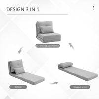 Poltrona Letto 3 in 1 Convertibile in Chaise Longue e Divano da Terra con 2 Cuscini in Tessuto Effetto Lino Grigio