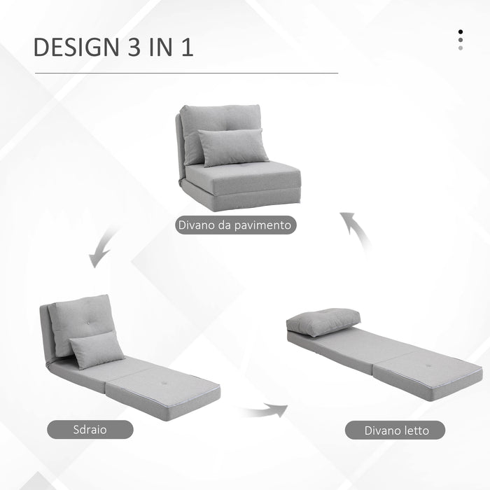Poltrona Letto 3 in 1 Convertibile in Chaise Longue e Divano da Terra con 2 Cuscini in Tessuto Effetto Lino Grigio
